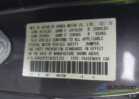 2010 Acura Tsx z USA, uszkodzony, nr VIN JH4CU2F67AC023153